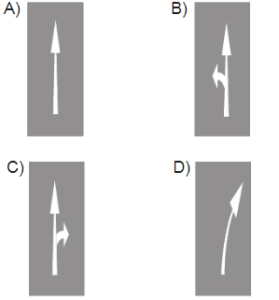 Taşıt yolu üzerine çizilen aşağıdaki yatay işaretlemelerden hangisi şeridin sadece ileri seyir veya sola dönüş için olduğunu bildirir?